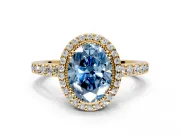 Halo Engagement Ring Setting for Fancy Blue Oval Center with Inner Milgrain Border and Prong Head in Yellow Gold