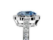 Bezel-Framed Halo Engagement Ring Setting for Fancy Blue Oval Center with Pave Band and Prong Head in Platinum
