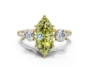 3 Stone Engagement Ring Setting for Fancy Yellow Marquise Center with Crossover Basket, Pave Band and Prong Head in Yellow Gold