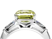 3 Stone Engagement Ring Setting for Fancy Yellow Asscher Cut Center with Tapered Baguettes, Plain Band and Prong Head in White Gold