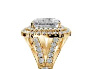 Double Halo Engagement Ring Setting for Radiant Cut Center with Narrow Pave Split Shank and Prong Head in Yellow Gold