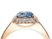 Halo Engagement Ring Setting for Fancy Blue Cushion Cut Center with Plain Tapered Band and Prong Head in Rose Gold