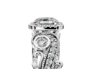 Milgrain Halo Engagement Ring Setting for Asscher Cut Center with Shoulder Bezels and Prong Head in Sterling Silver