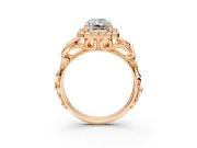 Halo Engagement Ring Setting for Radiant Cut Center with Open Scroll Shoulders and Prong Head in Rose Gold