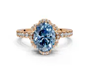 Halo Engagement Ring Setting for Fancy Blue Oval Center with Openwork Halo, Pave Band and Prong Head in Rose Gold