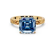 Solitaire Engagement Ring Setting for Fancy Blue Asscher Cut Center with Milgrain X Pattern Band and Prong Head in Yellow Gold