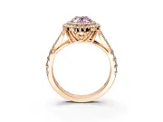 Double Halo Engagement Ring Setting for Fancy Pink Oval Center with Narrow Pave Split Shank and Prong Head in Rose Gold