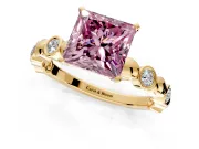 Solitaire Engagement Ring Setting for Fancy Pink Princess Cut Center with Beaded Bezel Station Band and Prong Head in Yellow Gold