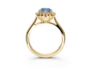 Starburst Halo Engagement Ring Setting for Fancy Blue Cushion Cut Center with Thin Round-Wire Band and Prong Head in Yellow Gold