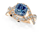 Halo Engagement Ring Setting for Fancy Blue Cushion Cut Center with Pave Infinity Twist Band and Prong Head in Rose Gold