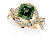 Halo Engagement Ring Setting for Fancy Green Asscher Cut Center with Pave Infinity Twist Band and Prong Head in Yellow Gold