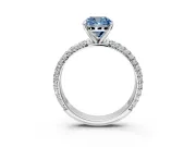 Solitaire Engagement Ring Setting for Fancy Blue Cushion Cut Center with Domed Multi-Row Pave Band and Prong Head in Platinum