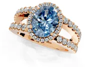 Halo Engagement Ring Setting for Fancy Blue Oval Center with Wide-Open Pave Split Shank and Prong Head in Rose Gold