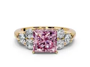 Cluster Engagement Ring Setting for Fancy Pink Princess Cut Center with Round Cut Accent Frame and Prong Head in Yellow Gold