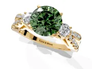 3 Stone Engagement Ring Setting for Fancy Green Round Cut Center with Pave Split Shank and Prong Head in Yellow Gold