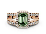 Halo Engagement Ring Setting for Fancy Green Emerald Cut Center with Wide-Open Pave Split Shank and Prong Head in Rose Gold