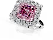 Single Halo Engagement Ring Setting for Fancy Pink Asscher Cut Center with Corner Claws, Plain Band and Prong Head in Platinum