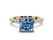 Solitaire Engagement Ring Setting for Fancy Blue Princess Cut Center with Alternating Size Accents and Prong Head in Yellow Gold