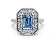 Halo Engagement Ring Setting for Fancy Blue Emerald Cut Center with Milgrain Frame, Pave Band and Prong Head in Sterling Silver