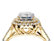 Double Halo Engagement Ring Setting for Radiant Cut Center with Narrow Pave Split Shank and Prong Head in Yellow Gold
