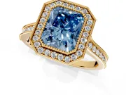 Halo Engagement Ring Setting for Fancy Blue Radiant Cut Center with Milgrain Pave Band and Bezel Head in Yellow Gold