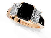 3 Stone Engagement Ring Setting for Fancy Black Radiant Cut Center with Raised Basket Heads and Prong Head in Rose Gold