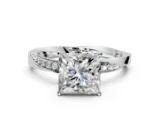 Side Accent Engagement Ring Setting for Princess Cut Center with Accent Shoulders and Prong Head in White Gold