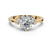 3 Stone Engagement Ring Setting for Heart-Shaped Center with Low-Set Round Cut Accents and Prong Head in Yellow Gold