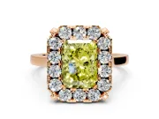 Single Halo Engagement Ring Setting for Fancy Yellow Radiant Cut Center with Corner Claws, Plain Band and Prong Head in Rose Gold