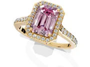 Halo Engagement Ring Setting for Fancy Pink Emerald Cut Center with Pave Accents, Heart Basket and Prong Head in Yellow Gold