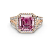 Halo Engagement Ring Setting for Fancy Pink Asscher Cut Center with Narrow Pave Split Shank and Prong Head in Rose Gold