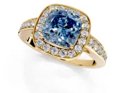 Bezel-Framed Halo Engagement Ring Setting for Fancy Blue Cushion Cut Center with Pave Band and Prong Head in Yellow Gold