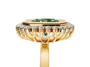 Halo Engagement Ring Setting for Fancy Green Radiant Cut Center with Milgrain Bezel Rim, Plain Band and Prong Head in Yellow Gold