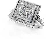Halo Engagement Ring Setting for Princess Cut Center with Outer Bezel Rim, Pave Band and Prong Head in Sterling Silver