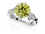 Solitaire Engagement Ring Setting for Fancy Yellow Round Cut Center with Accented Twist Band and Leaf Prong Head in Platinum