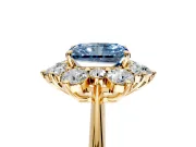 Small-Accent Cluster Halo Engagement Ring Setting for Fancy Blue Radiant Cut Center with Plain Band and Prong Head in Yellow Gold