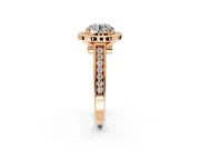 Halo Engagement Ring Setting for Round Cut Center with Outer Bezel Rim, Pave Band and Prong Head in Rose Gold