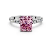 Solitaire Engagement Ring Setting for Fancy Pink Radiant Cut Center with Round Cut Pave Band and Prong Head in Platinum