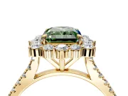 Halo Engagement Ring Setting for Fancy Green Radiant Cut Center with Single-Row Pave, Open Basket and Prong Head in Yellow Gold