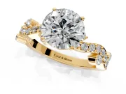 Solitaire Engagement Ring Setting for Round Cut Center with Bar-Station Pave Twist and Prong Head in Yellow Gold