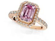 Halo Engagement Ring Setting for Fancy Pink Emerald Cut Center with Inner Milgrain Border and Prong Head in Rose Gold