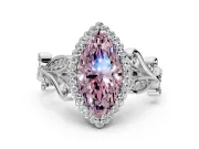 Halo Engagement Ring Setting for Fancy Pink Marquise Center with Leaf Motif Split Shank and Prong Head in Platinum