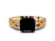 Leaf Engagement Ring Setting for Fancy Black Asscher Cut Center with Milgrain Accent Band and Prong Head in Yellow Gold
