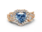 Milgrain Halo Engagement Ring Setting for Fancy Blue Heart-Shaped Center with Shoulder Bezels and Prong Head in Rose Gold