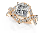 Halo Engagement Ring Setting for Princess Cut Center with Pave Infinity Twist Band and Prong Head in Rose Gold