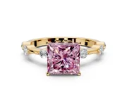 Solitaire Engagement Ring Setting for Fancy Pink Princess Cut Center with Bezel Station Band and Prong Head in Yellow Gold
