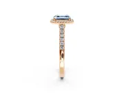 Halo Engagement Ring Setting for Fancy Blue Asscher Cut Center with Narrowing Pave Band and Prong Head in Rose Gold