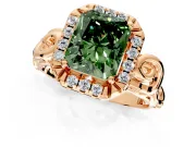 Halo Engagement Ring Setting for Fancy Green Radiant Cut Center with Open Scroll Shoulders and Prong Head in Rose Gold