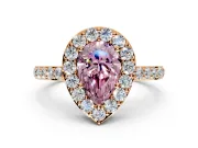 Halo Engagement Ring Setting for Fancy Pink Pear-Shaped Center with Heart-Shaped Openwork, Pave Band and Prong Head in Rose Gold