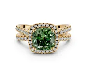 Halo Engagement Ring Setting for Fancy Green Cushion Cut Center with Double Pave Split Shank and Prong Head in Yellow Gold